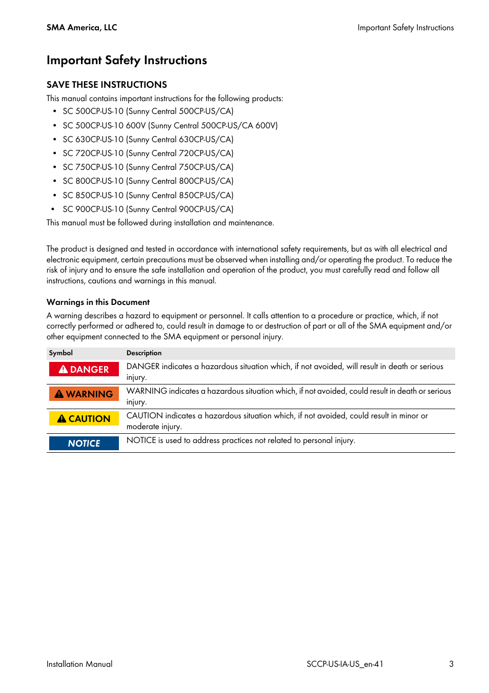 Important safety instructions | SMA SC 500CP-US User Manual | Page 3 / 112