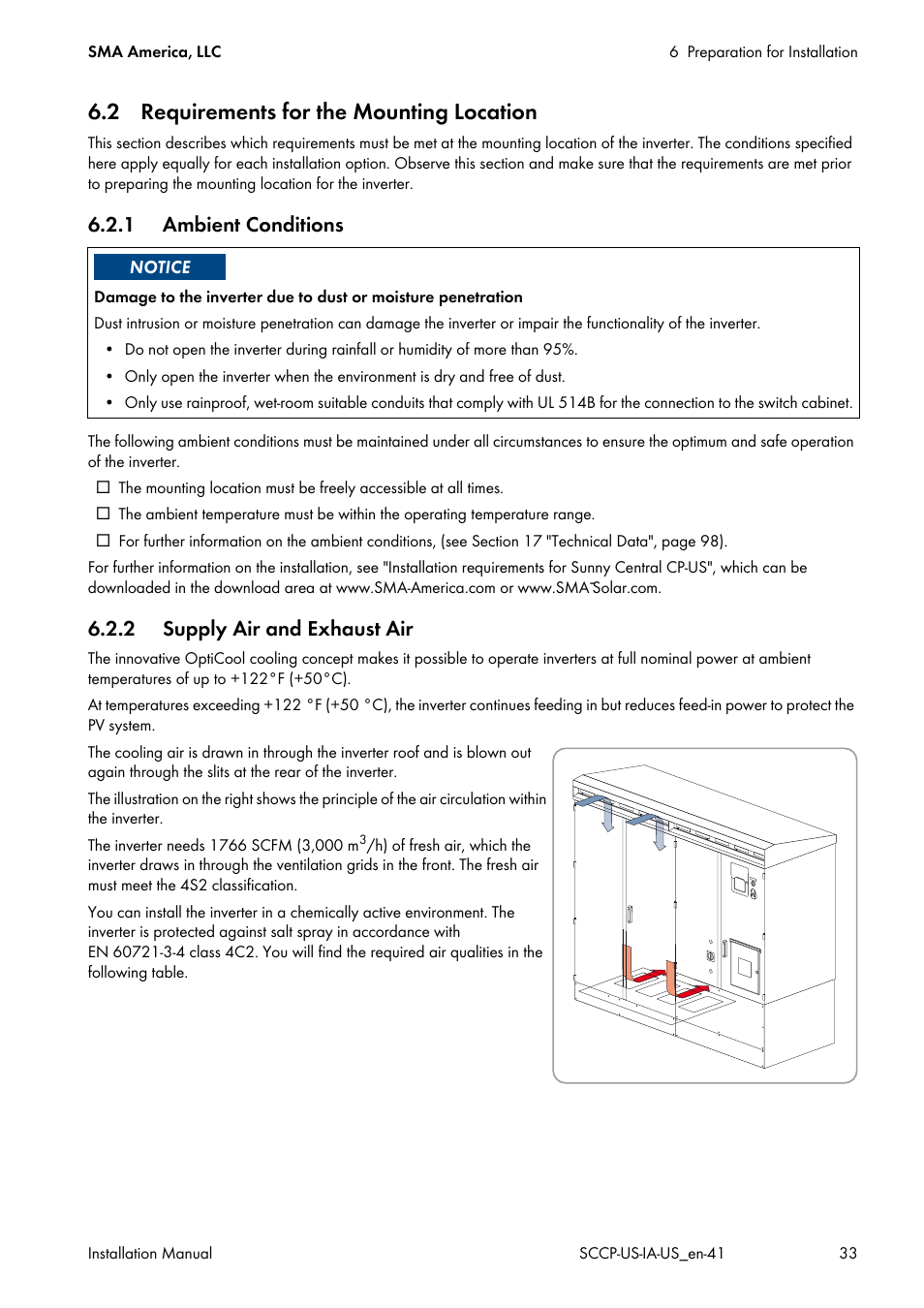 2 requirements for the mounting location, 1 ambient conditions, 2 supply air and exhaust air | SMA SC 500CP-US User Manual | Page 33 / 112