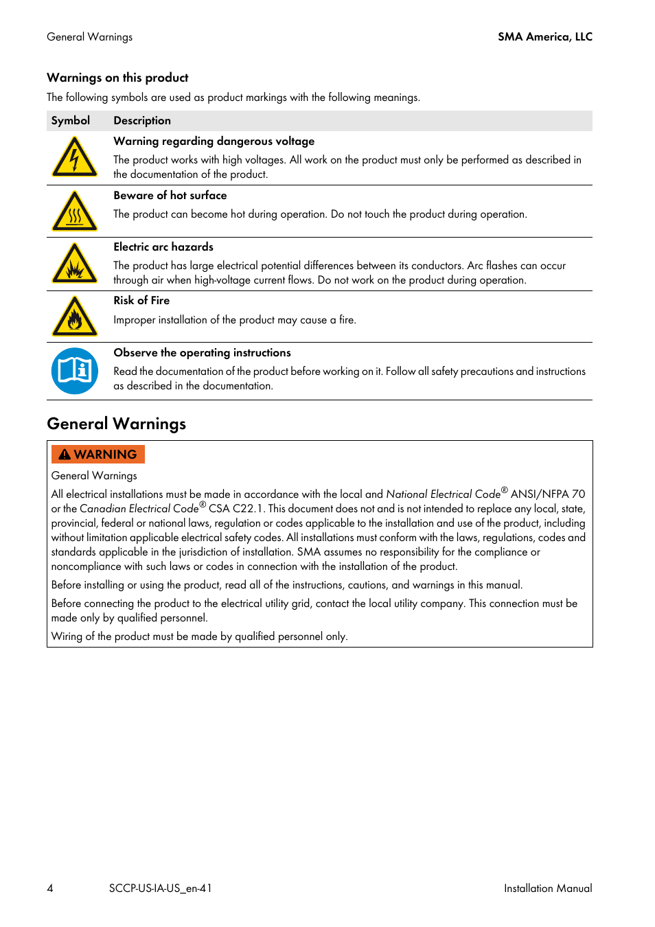 General warnings | SMA SC 500CP-US User Manual | Page 4 / 112