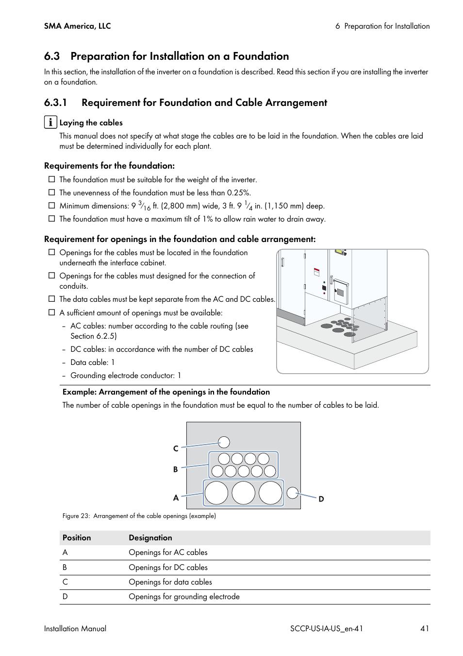 3 preparation for installation on a foundation, 1 requirement for foundation and cable arrangement | SMA SC 500CP-US User Manual | Page 41 / 112