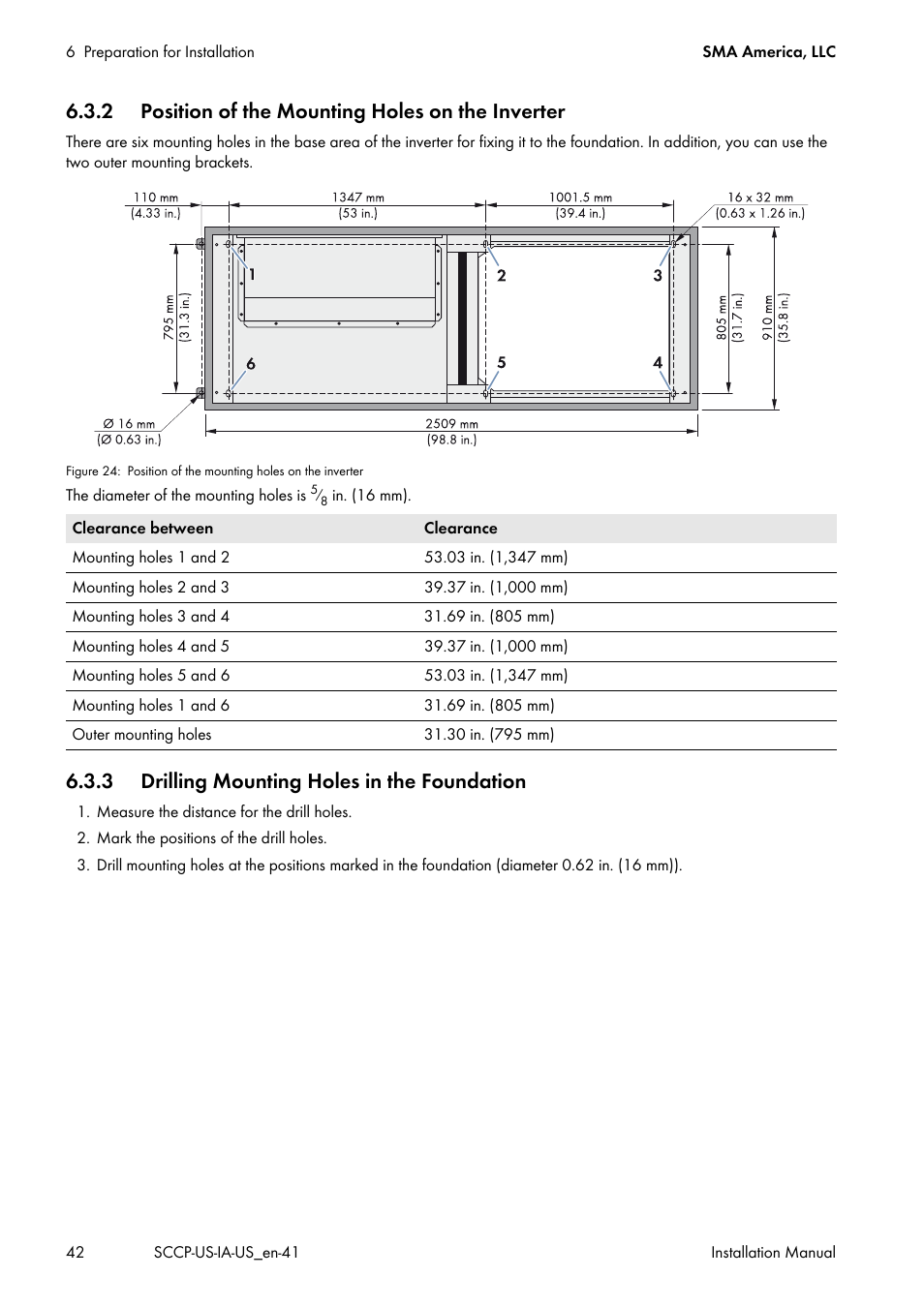 2 position of the mounting holes on the inverter, 3 drilling mounting holes in the foundation | SMA SC 500CP-US User Manual | Page 42 / 112