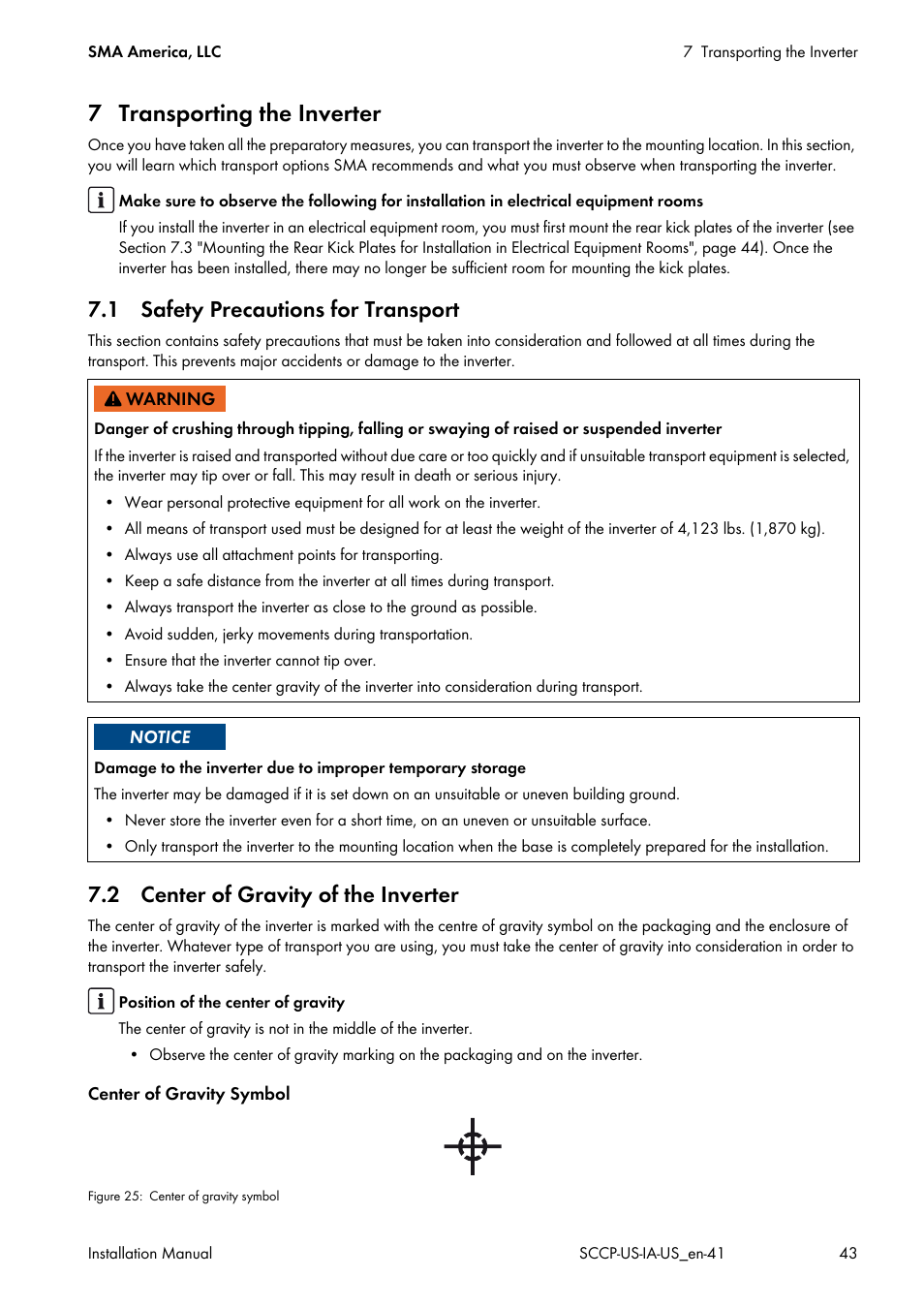 7 transporting the inverter, 1 safety precautions for transport, 2 center of gravity of the inverter | SMA SC 500CP-US User Manual | Page 43 / 112