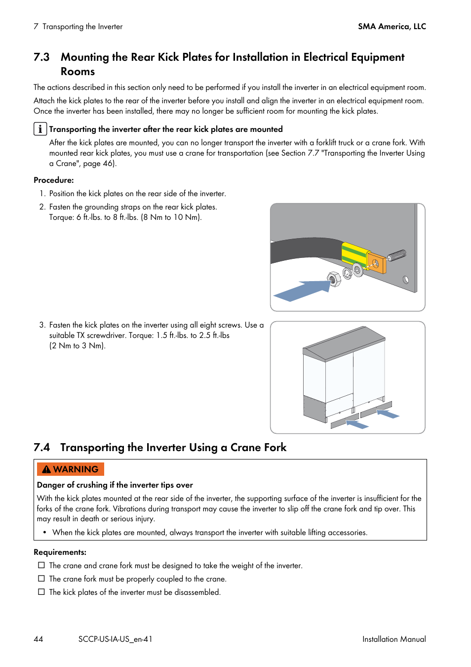 4 transporting the inverter using a crane fork | SMA SC 500CP-US User Manual | Page 44 / 112