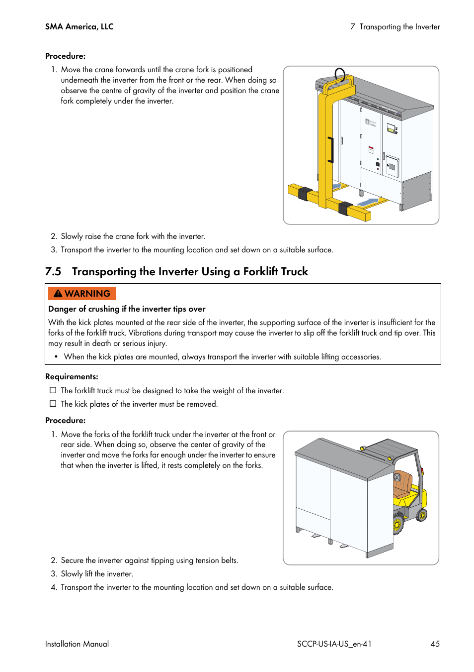 5 transporting the inverter using a forklift truck | SMA SC 500CP-US User Manual | Page 45 / 112