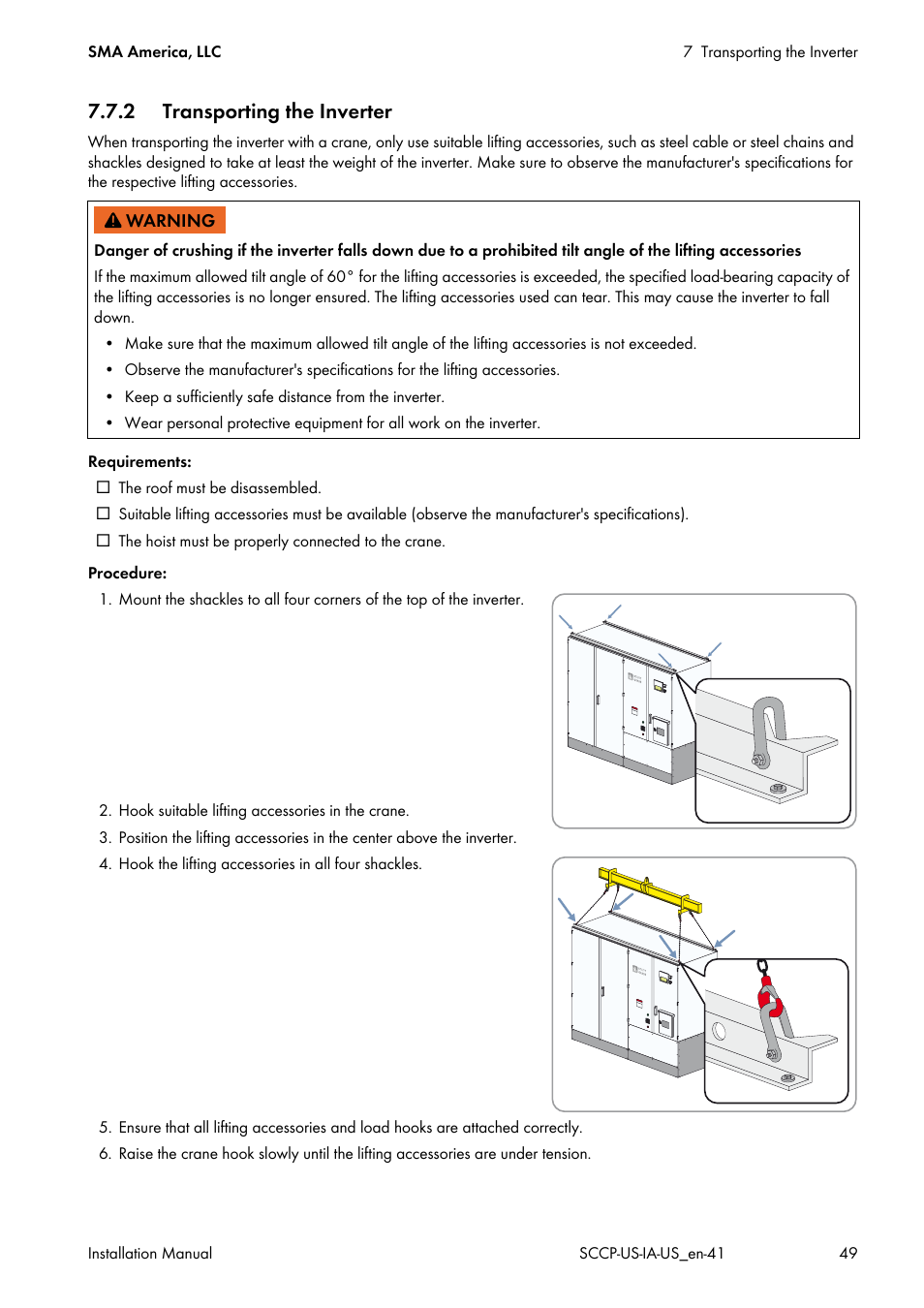 2 transporting the inverter | SMA SC 500CP-US User Manual | Page 49 / 112