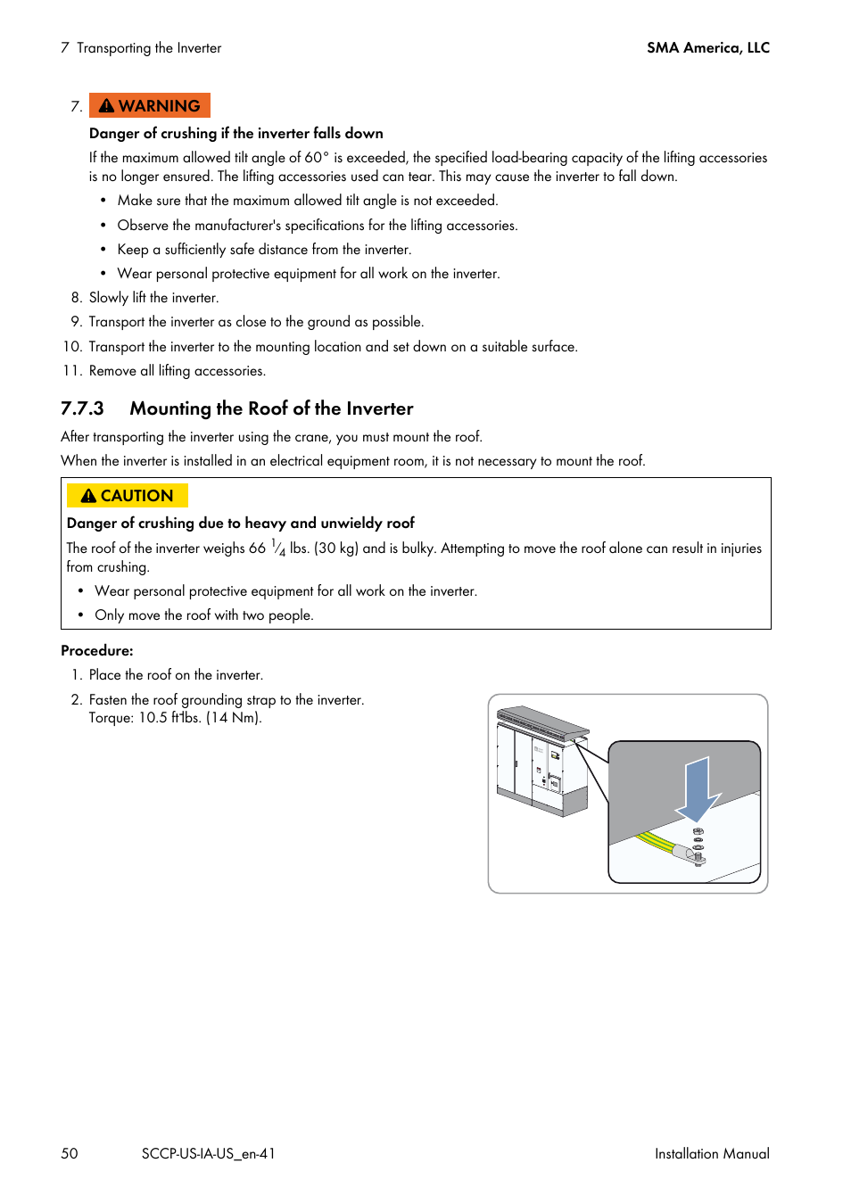 3 mounting the roof of the inverter | SMA SC 500CP-US User Manual | Page 50 / 112