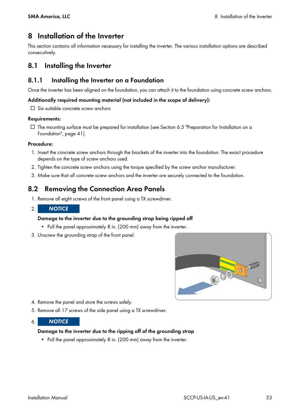 8 installation of the inverter, 1 installing the inverter, 1 installing the inverter on a foundation | 2 removing the connection area panels | SMA SC 500CP-US User Manual | Page 53 / 112