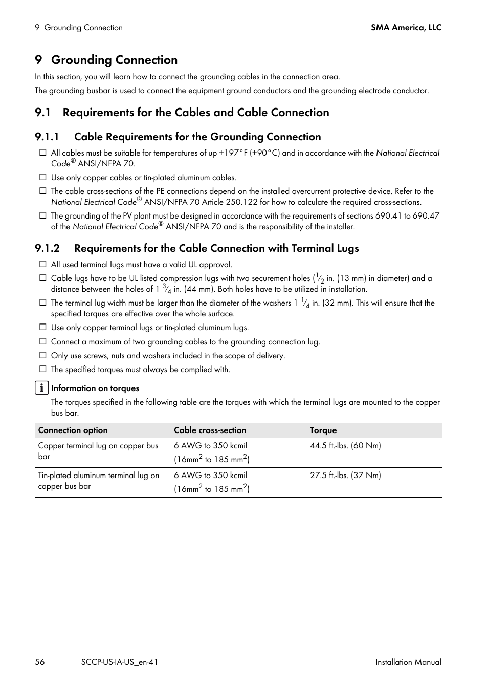 9 grounding connection, 1 requirements for the cables and cable connection, 1 cable requirements for the grounding connection | SMA SC 500CP-US User Manual | Page 56 / 112