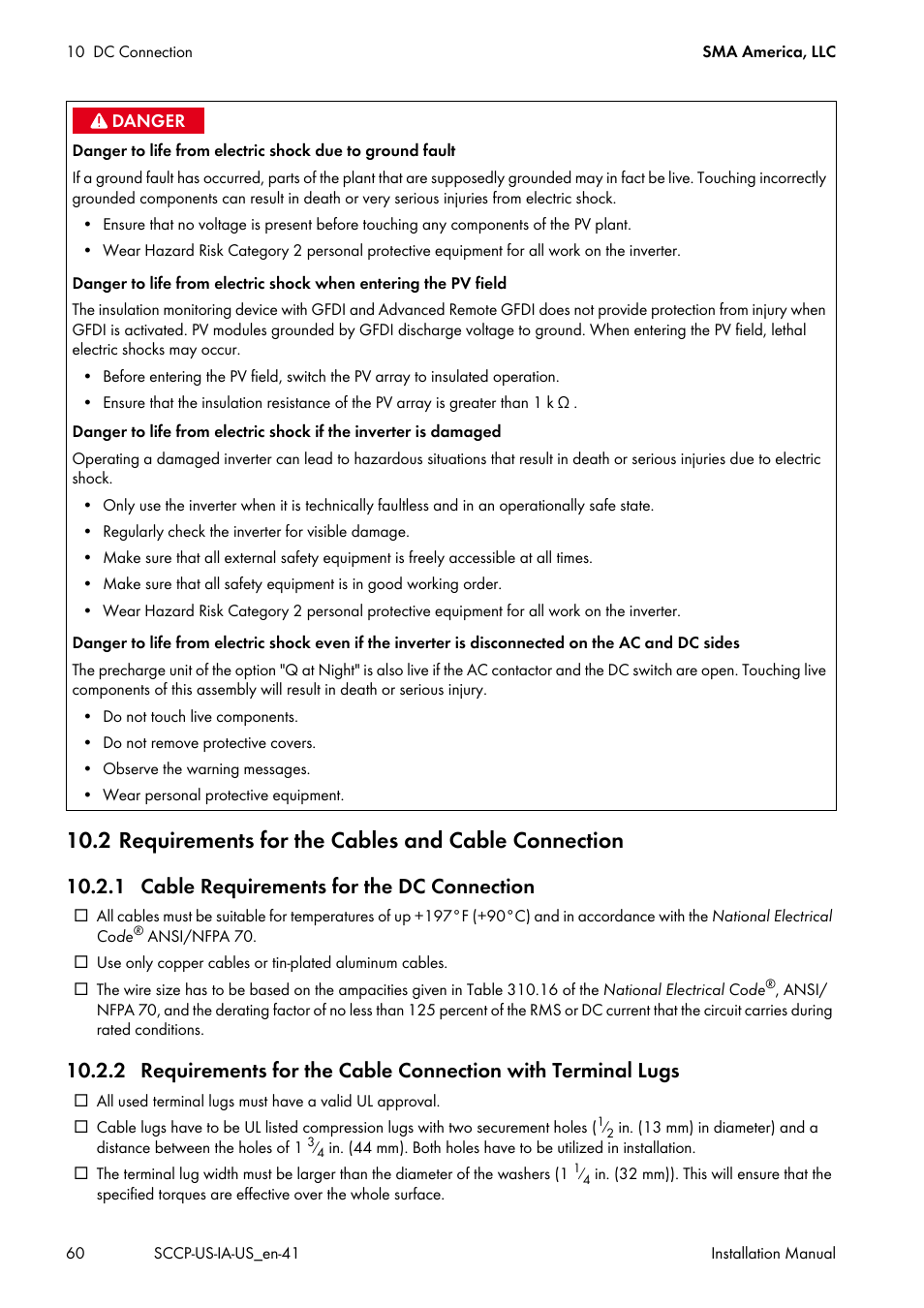2 requirements for the cables and cable connection, 1 cable requirements for the dc connection | SMA SC 500CP-US User Manual | Page 60 / 112