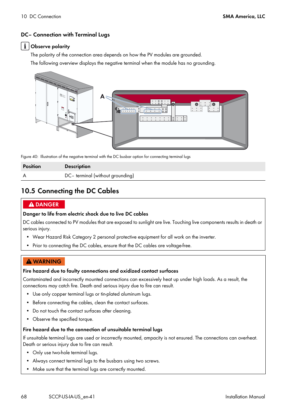 5 connecting the dc cables | SMA SC 500CP-US User Manual | Page 68 / 112