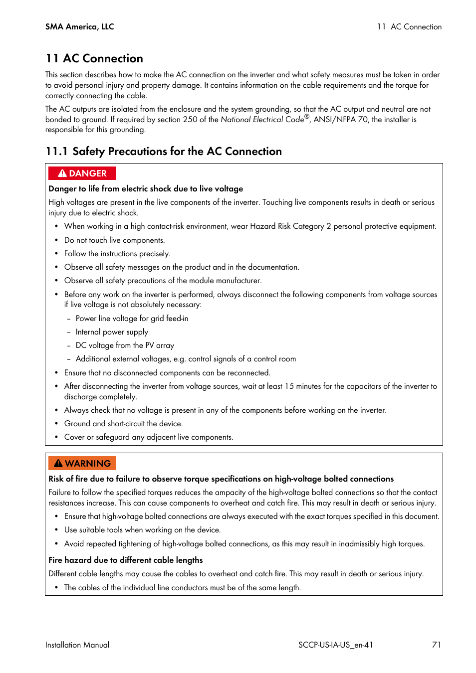 11 ac connection, 1 safety precautions for the ac connection | SMA SC 500CP-US User Manual | Page 71 / 112