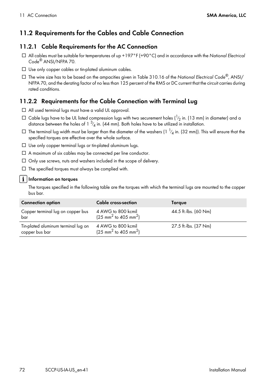2 requirements for the cables and cable connection, 1 cable requirements for the ac connection | SMA SC 500CP-US User Manual | Page 72 / 112