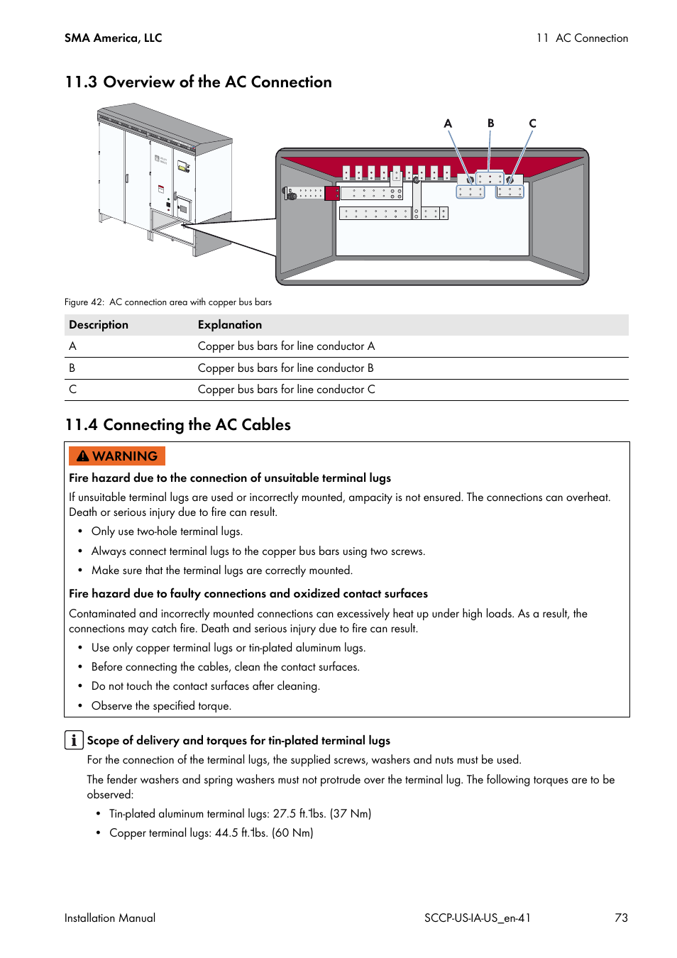 3 overview of the ac connection, 4 connecting the ac cables | SMA SC 500CP-US User Manual | Page 73 / 112