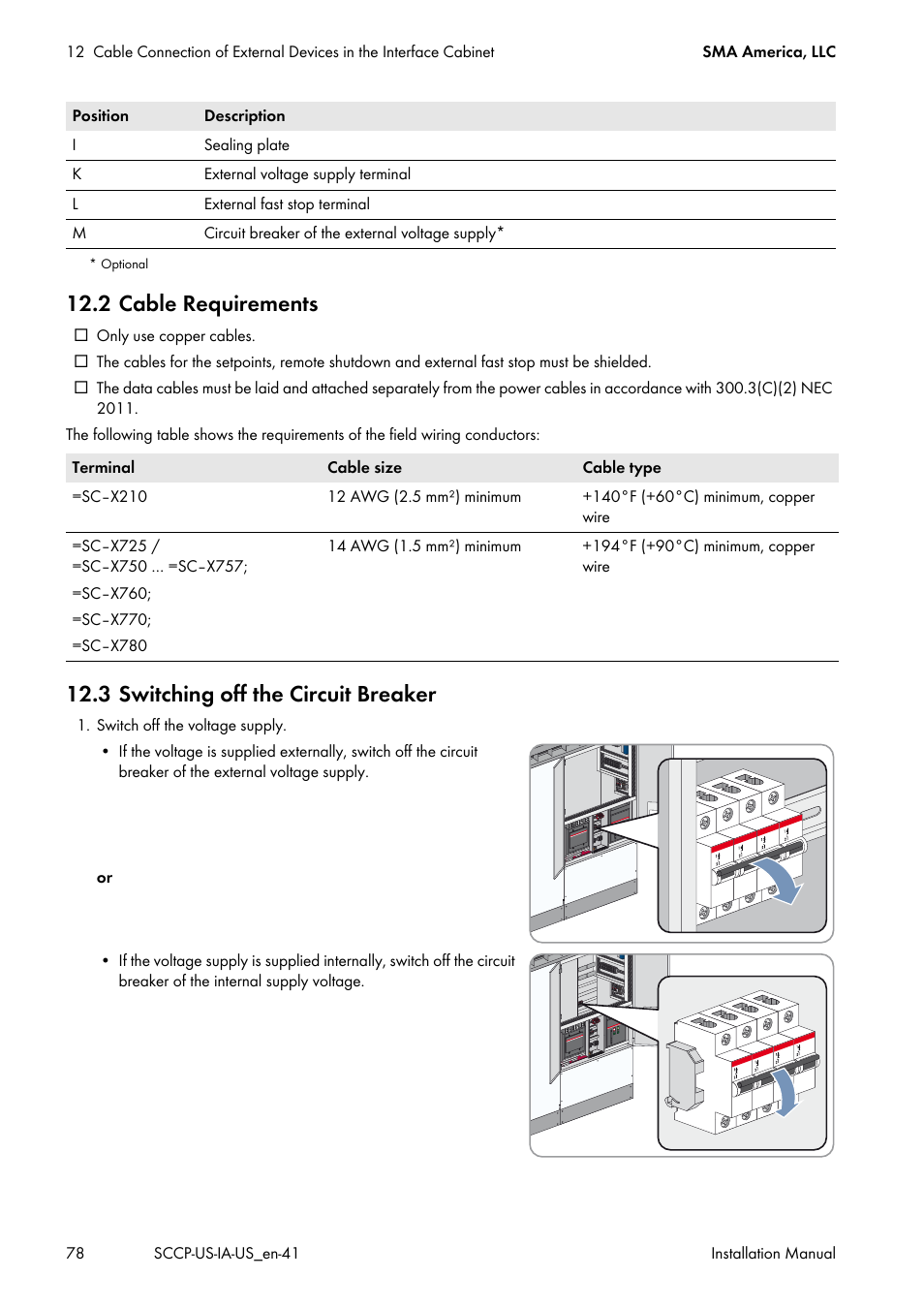 2 cable requirements, 3 switching off the circuit breaker | SMA SC 500CP-US User Manual | Page 78 / 112