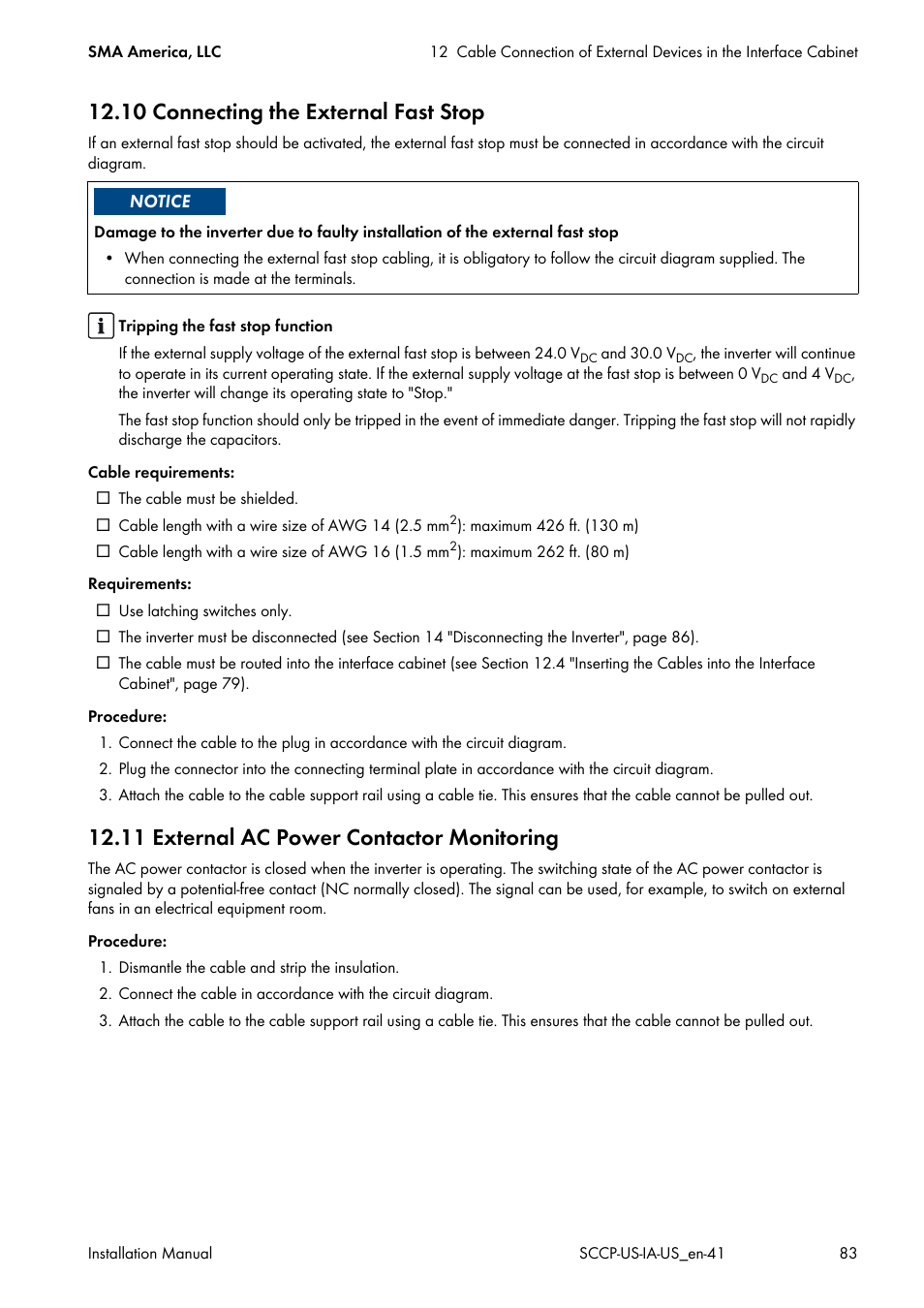 10 connecting the external fast stop, 11 external ac power contactor monitoring | SMA SC 500CP-US User Manual | Page 83 / 112