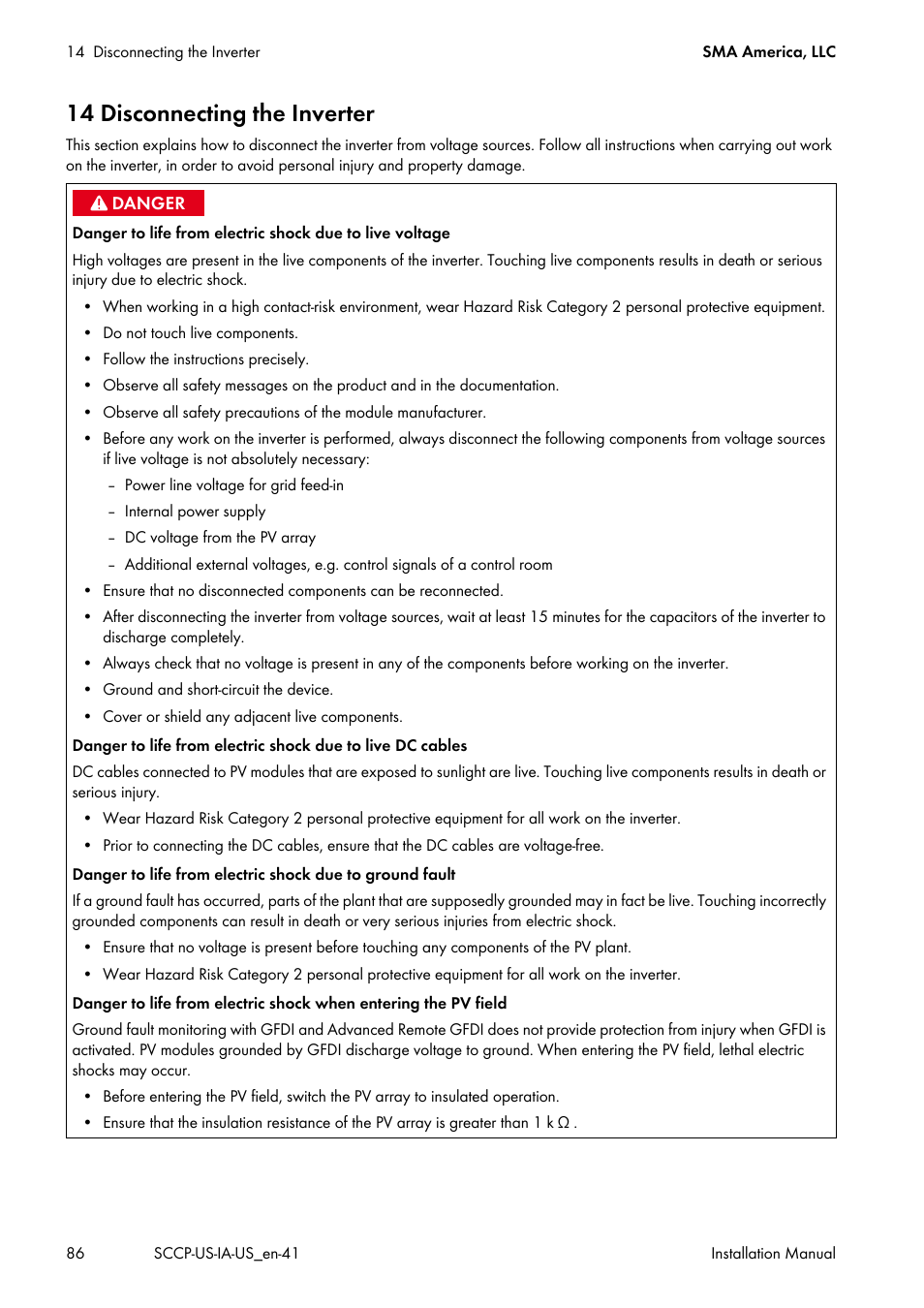 14 disconnecting the inverter | SMA SC 500CP-US User Manual | Page 86 / 112