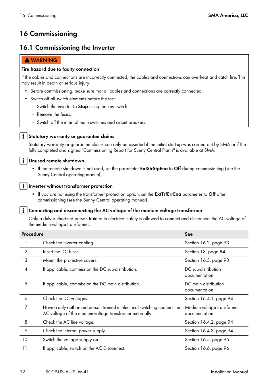 16 commissioning, 1 commissioning the inverter | SMA SC 500CP-US User Manual | Page 92 / 112