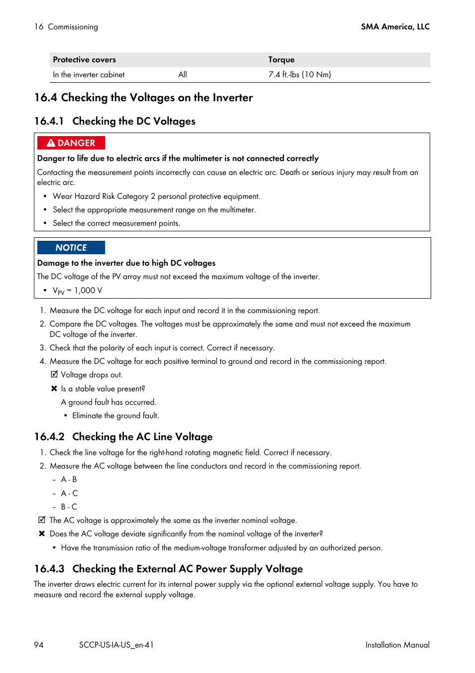 4 checking the voltages on the inverter, 1 checking the dc voltages, 2 checking the ac line voltage | 3 checking the external ac power supply voltage | SMA SC 500CP-US User Manual | Page 94 / 112