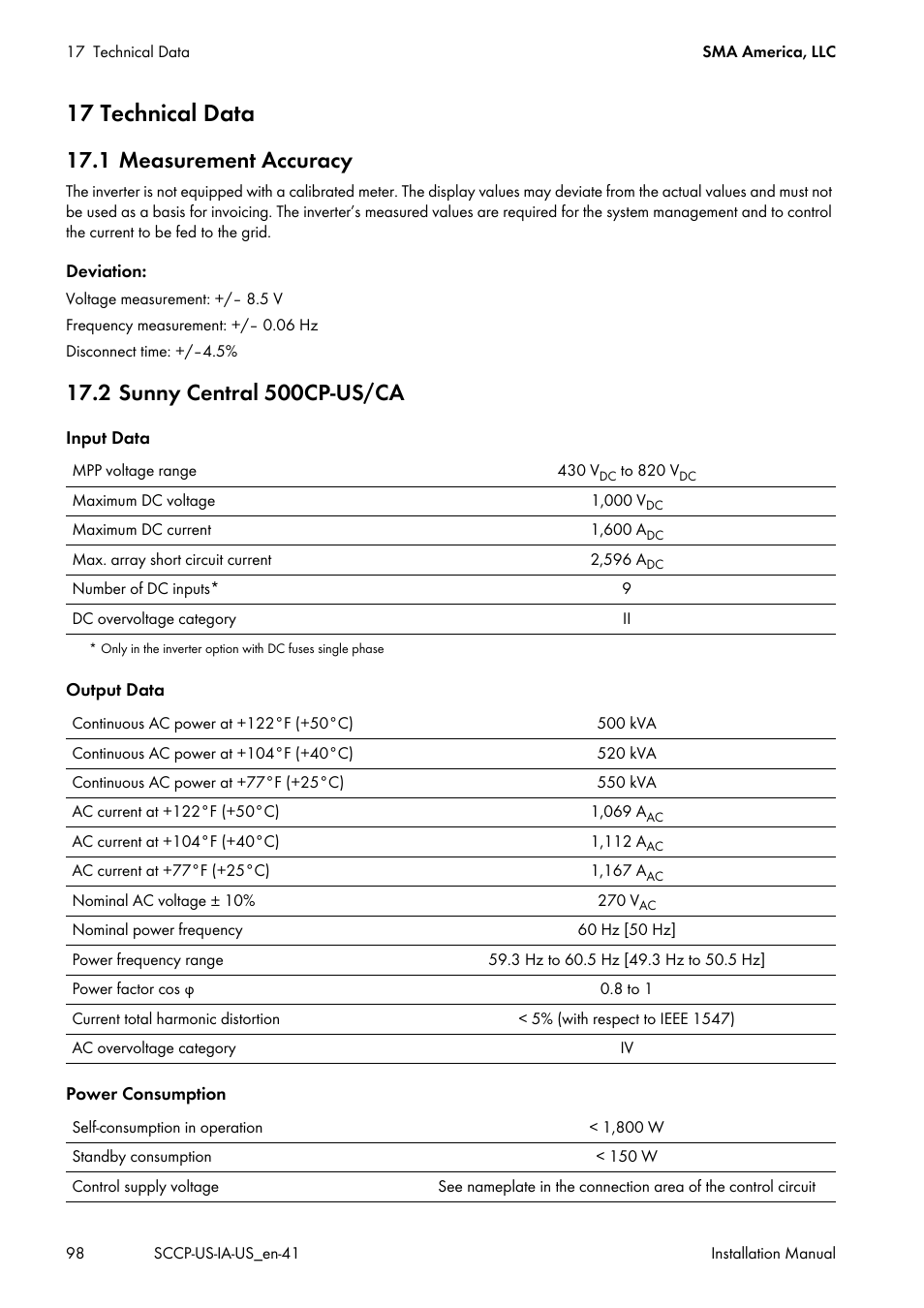 17 technical data, 1 measurement accuracy, 2 sunny central 500cp-us/ca | SMA SC 500CP-US User Manual | Page 98 / 112