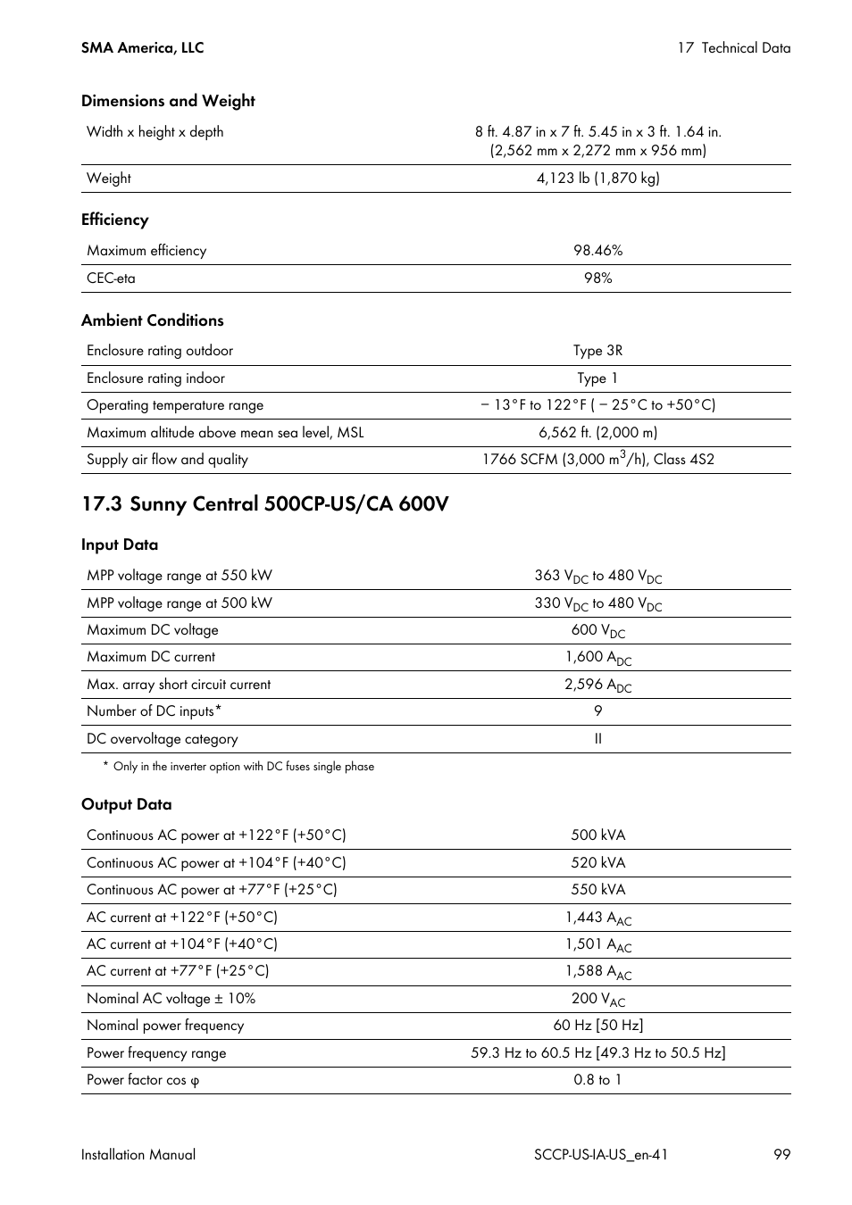3 sunny central 500cp-us/ca 600v | SMA SC 500CP-US User Manual | Page 99 / 112