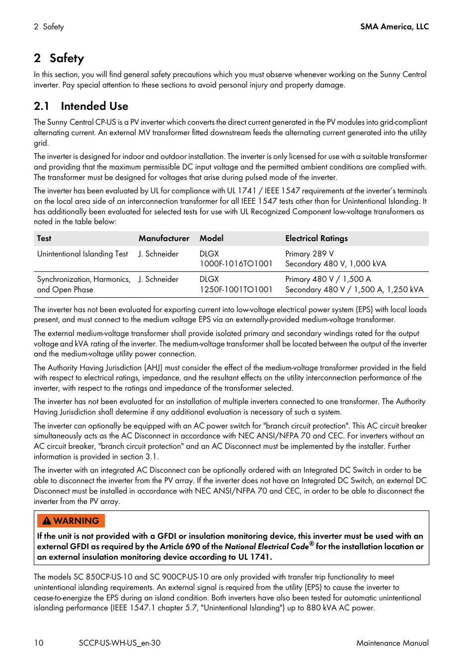 2 safety, 1 intended use | SMA SC 500CP-US Maintenance Manual User Manual | Page 10 / 52