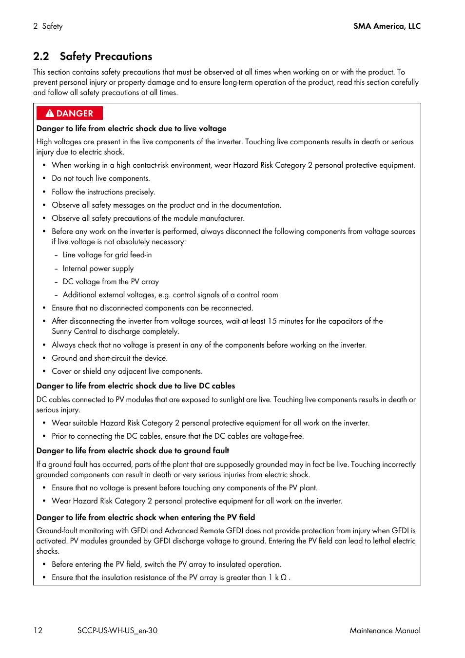 2 safety precautions | SMA SC 500CP-US Maintenance Manual User Manual | Page 12 / 52