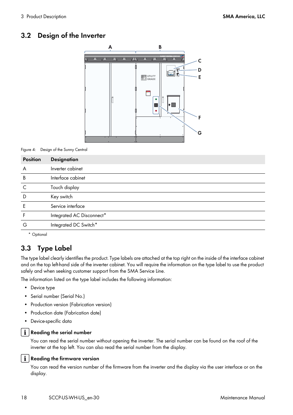 2 design of the inverter, 3 type label, 2 design of the inverter 3.3 type label | SMA SC 500CP-US Maintenance Manual User Manual | Page 18 / 52