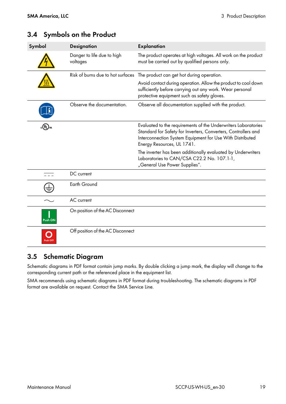 4 symbols on the product, 5 schematic diagram, 4 symbols on the product 3.5 schematic diagram | SMA SC 500CP-US Maintenance Manual User Manual | Page 19 / 52