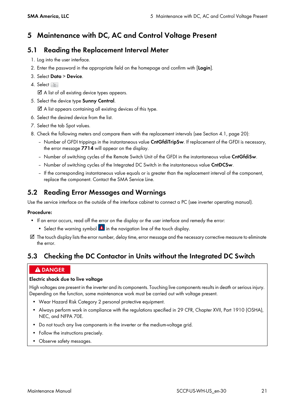 1 reading the replacement interval meter, 2 reading error messages and warnings | SMA SC 500CP-US Maintenance Manual User Manual | Page 21 / 52