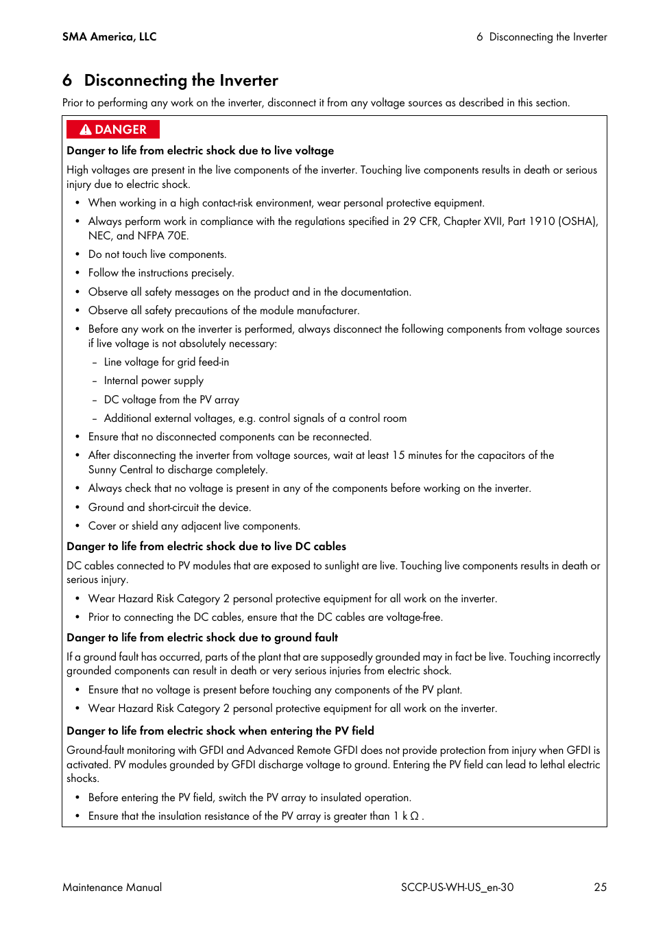 6 disconnecting the inverter | SMA SC 500CP-US Maintenance Manual User Manual | Page 25 / 52