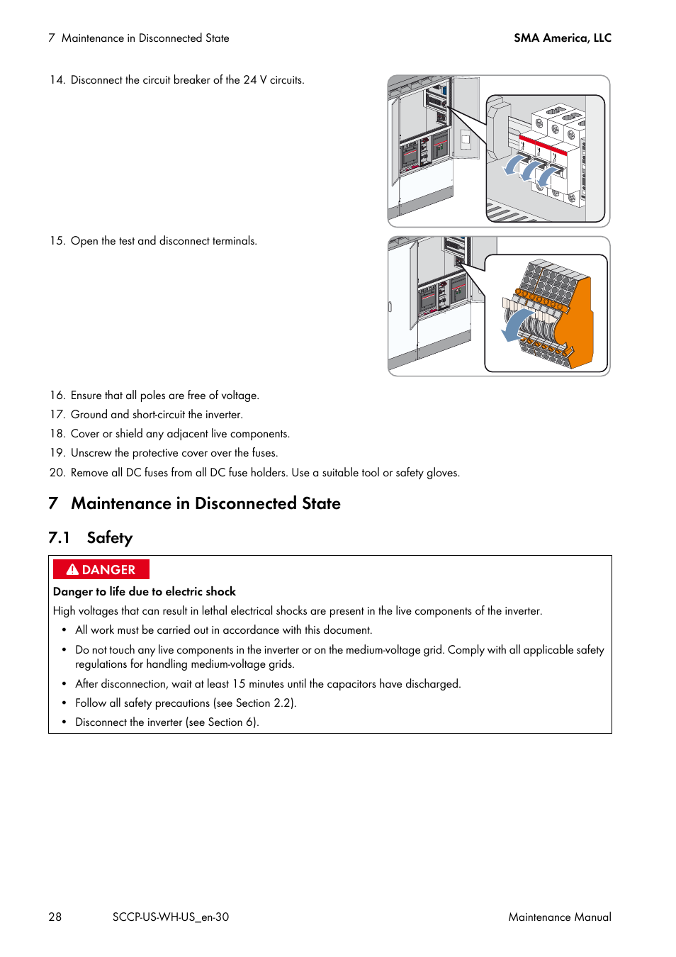 7 maintenance in disconnected state, 1 safety | SMA SC 500CP-US Maintenance Manual User Manual | Page 28 / 52