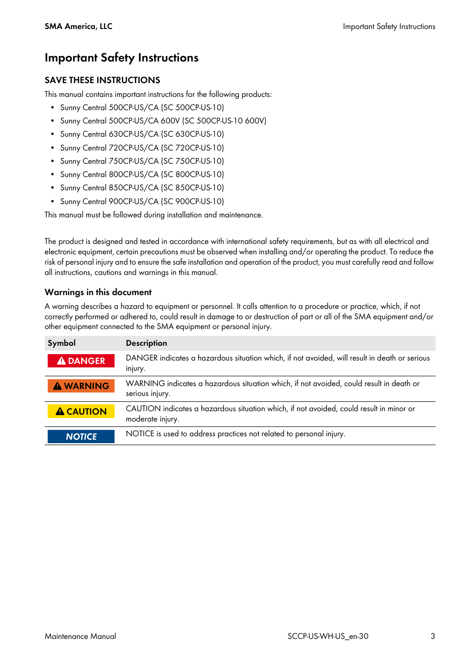 Important safety instructions | SMA SC 500CP-US Maintenance Manual User Manual | Page 3 / 52