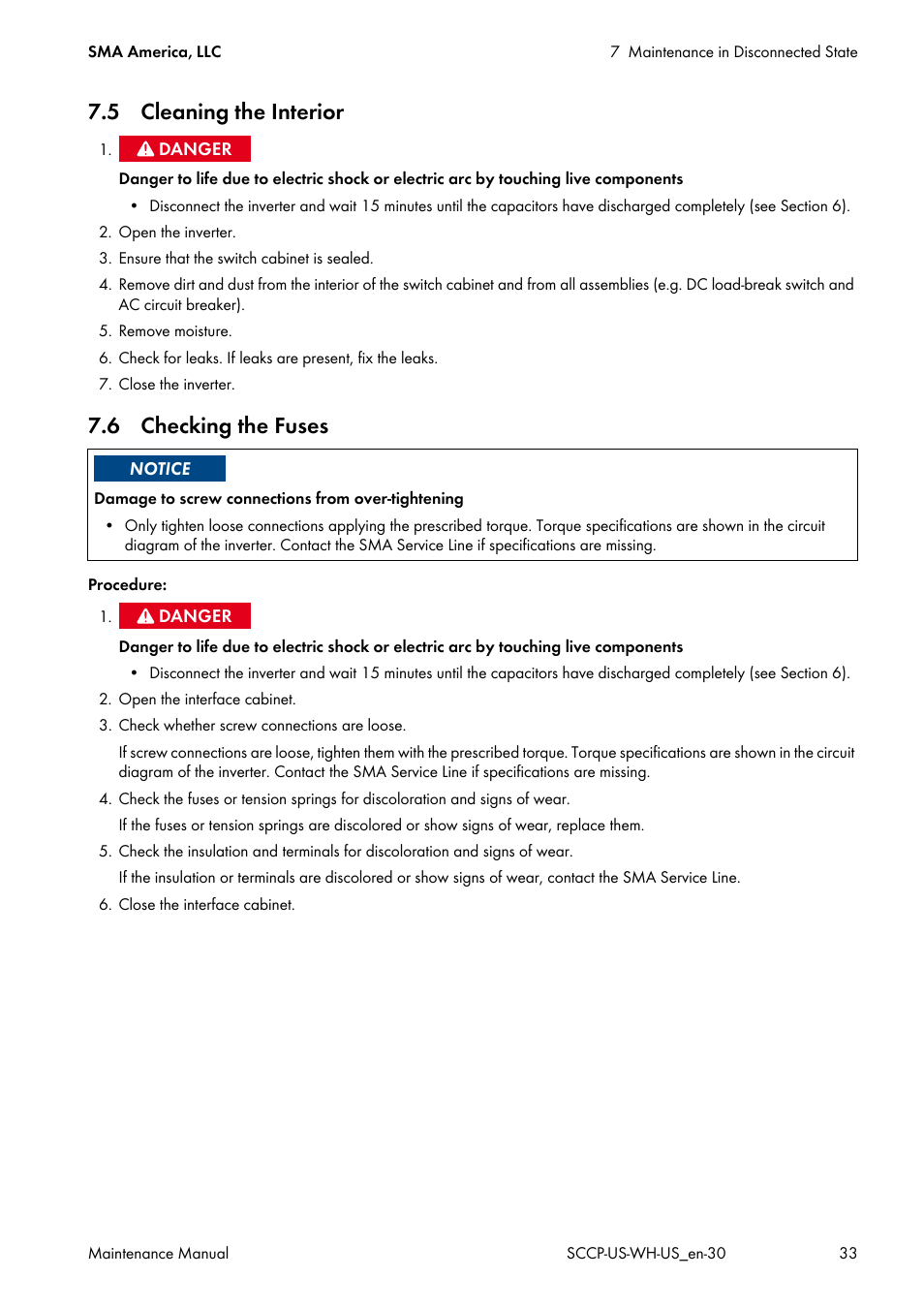 5 cleaning the interior, 6 checking the fuses, 5 cleaning the interior 7.6 checking the fuses | SMA SC 500CP-US Maintenance Manual User Manual | Page 33 / 52