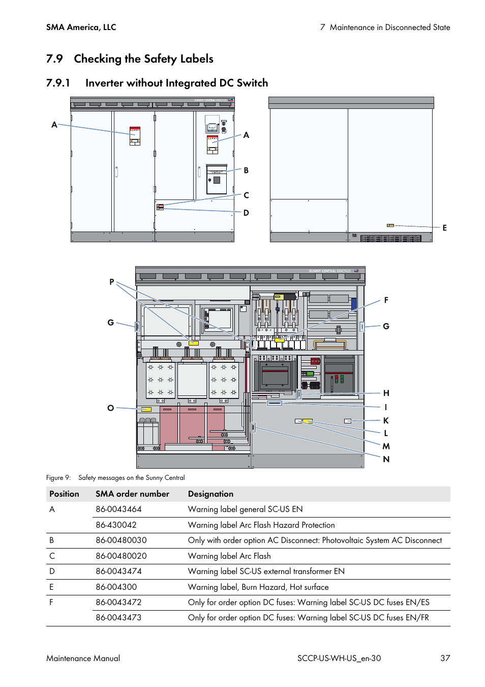 9 checking the safety labels, 1 inverter without integrated dc switch | SMA SC 500CP-US Maintenance Manual User Manual | Page 37 / 52