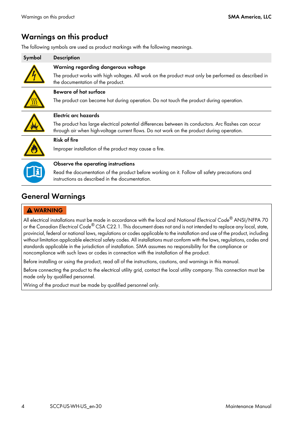 Warnings on this product, General warnings | SMA SC 500CP-US Maintenance Manual User Manual | Page 4 / 52