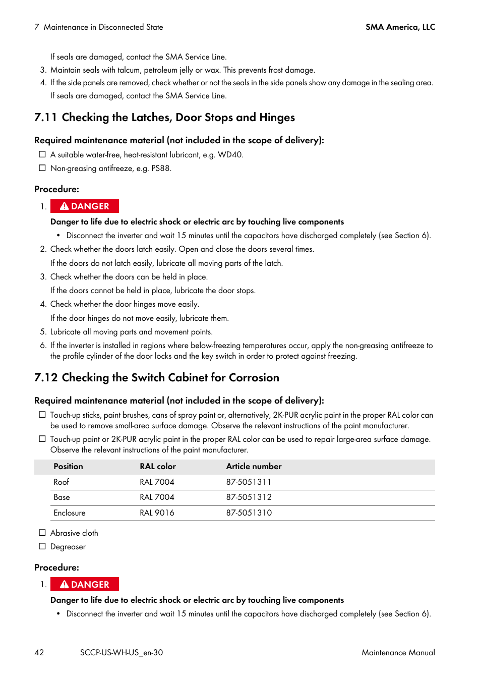 11 checking the latches, door stops and hinges, 12 checking the switch cabinet for corrosion | SMA SC 500CP-US Maintenance Manual User Manual | Page 42 / 52