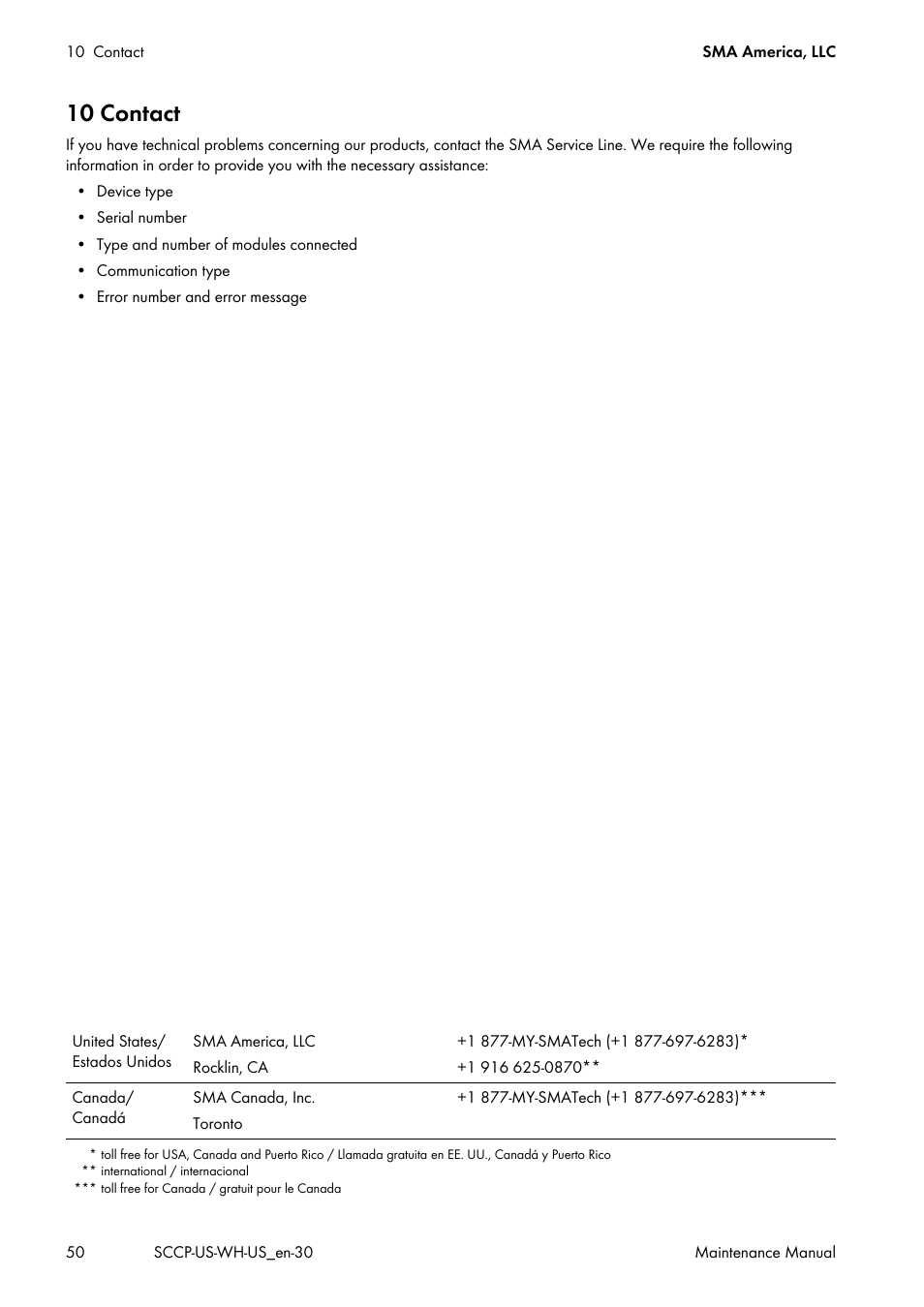 10 contact | SMA SC 500CP-US Maintenance Manual User Manual | Page 50 / 52