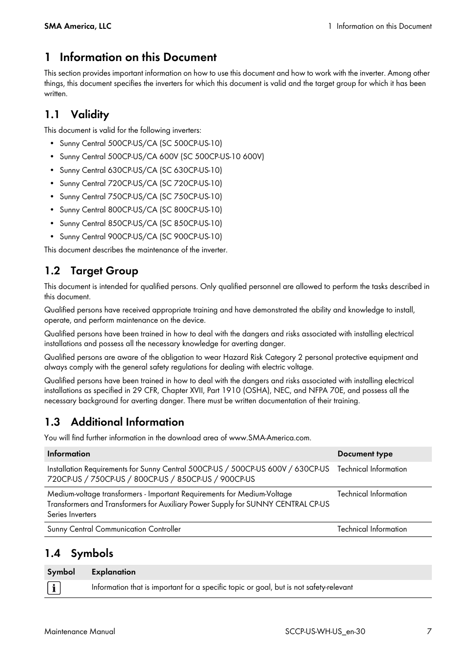 1 information on this document, 1 validity, 2 target group | 3 additional information, 4 symbols | SMA SC 500CP-US Maintenance Manual User Manual | Page 7 / 52