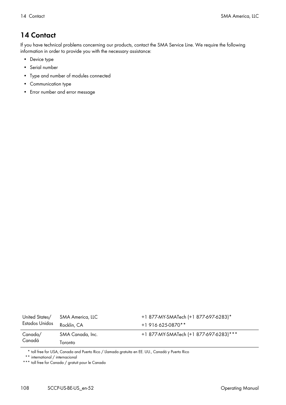 14 contact | SMA SC 500CP-US-10 600V User Manual | Page 108 / 112