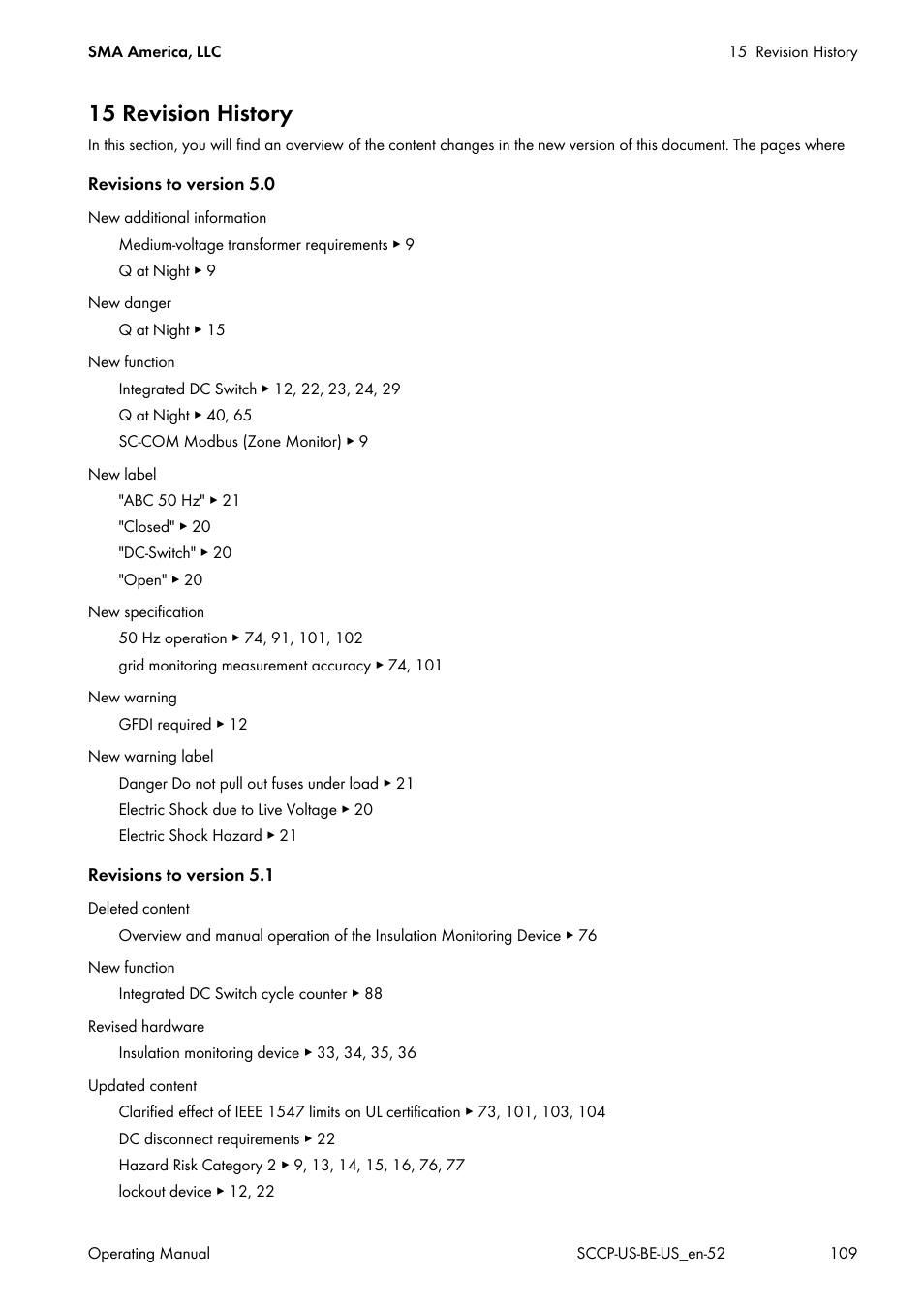 15 revision history | SMA SC 500CP-US-10 600V User Manual | Page 109 / 112