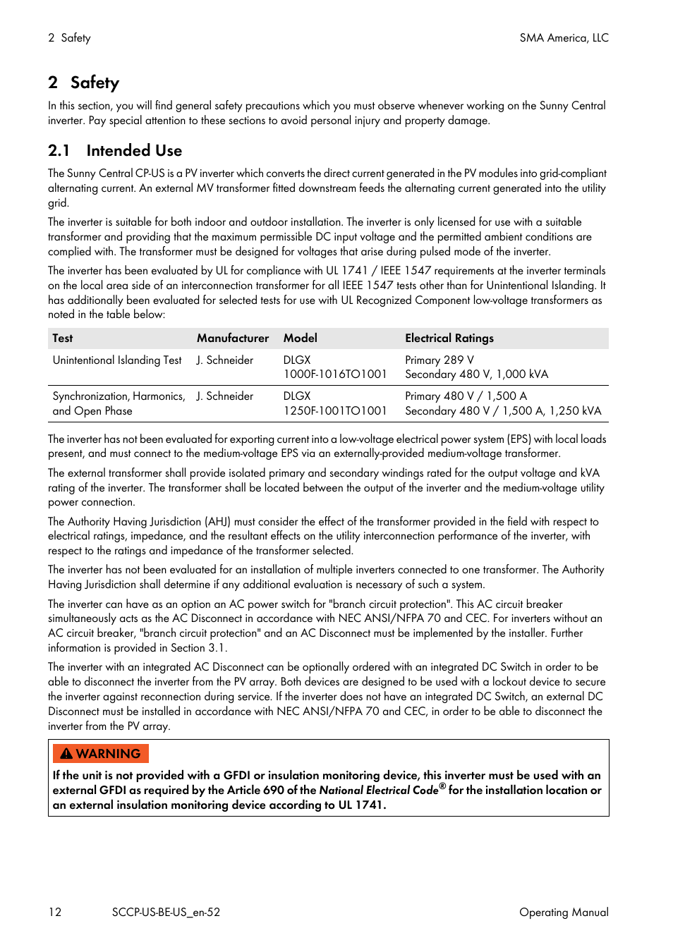 2 safety, 1 intended use | SMA SC 500CP-US-10 600V User Manual | Page 12 / 112