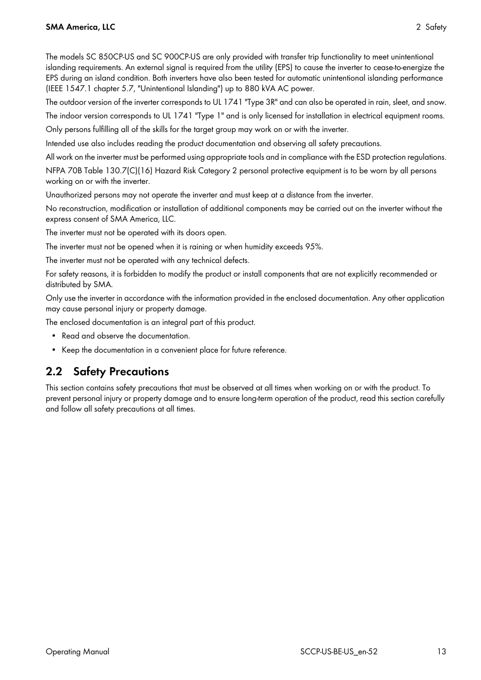 2 safety precautions | SMA SC 500CP-US-10 600V User Manual | Page 13 / 112