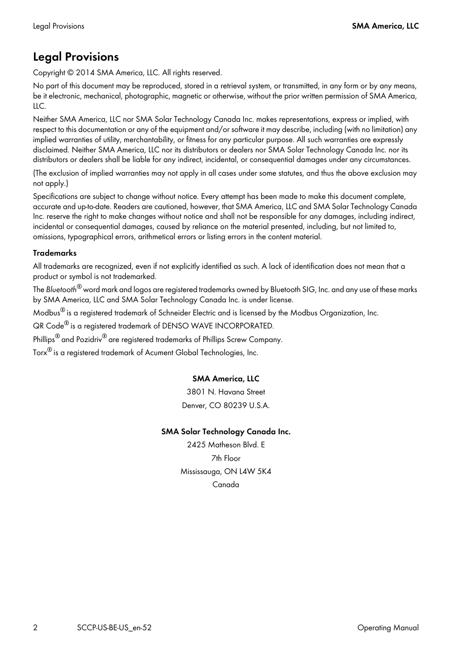 Legal provisions | SMA SC 500CP-US-10 600V User Manual | Page 2 / 112