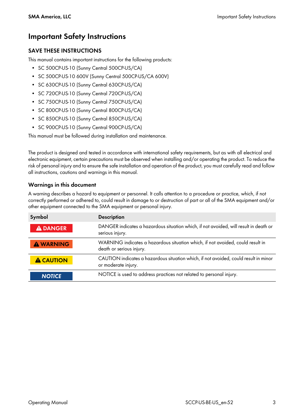 Important safety instructions | SMA SC 500CP-US-10 600V User Manual | Page 3 / 112