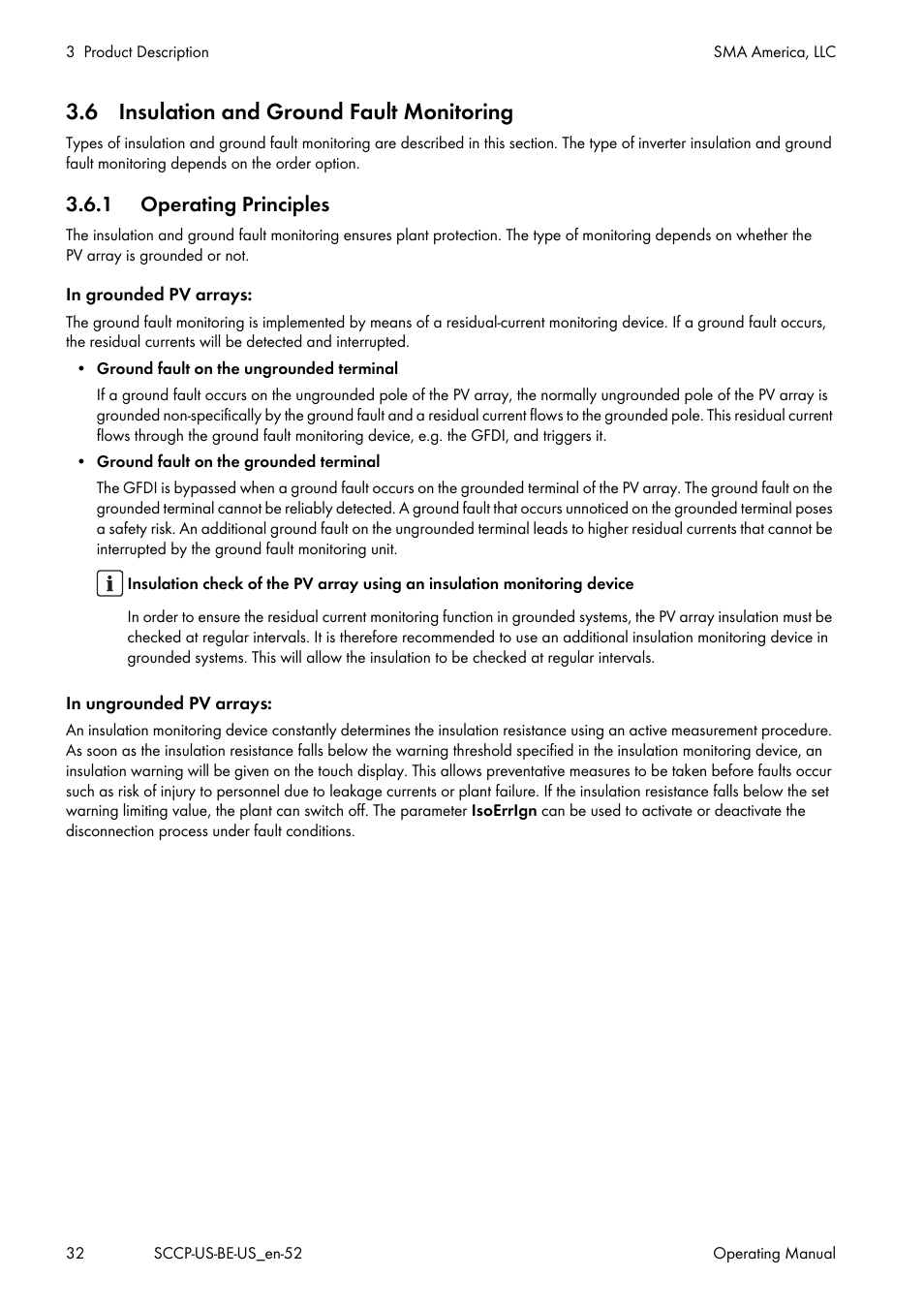 6 insulation and ground fault monitoring, 1 operating principles | SMA SC 500CP-US-10 600V User Manual | Page 32 / 112