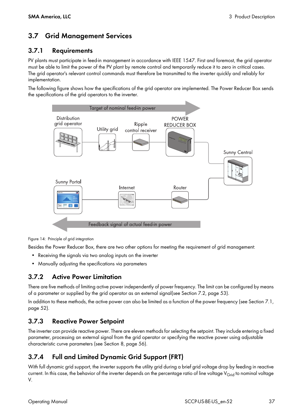 7 grid management services, 1 requirements, 2 active power limitation | 3 reactive power setpoint, 4 full and limited dynamic grid support (frt) | SMA SC 500CP-US-10 600V User Manual | Page 37 / 112