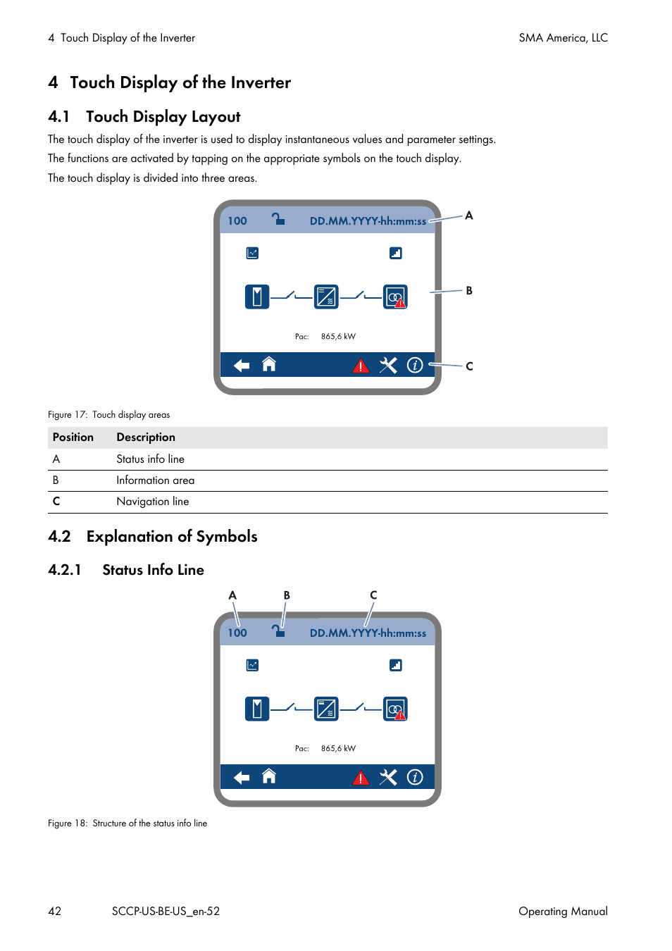 4 touch display of the inverter, 1 touch display layout, 2 explanation of symbols | 1 status info line, 1 touch display layout 4.2 explanation of symbols | SMA SC 500CP-US-10 600V User Manual | Page 42 / 112