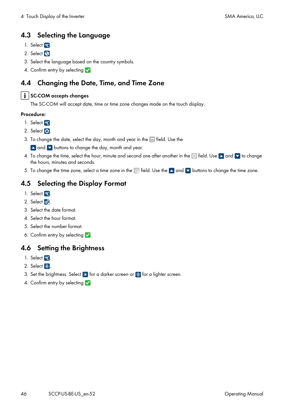 3 selecting the language, 4 changing the date, time, and time zone, 5 selecting the display format | 6 setting the brightness | SMA SC 500CP-US-10 600V User Manual | Page 46 / 112