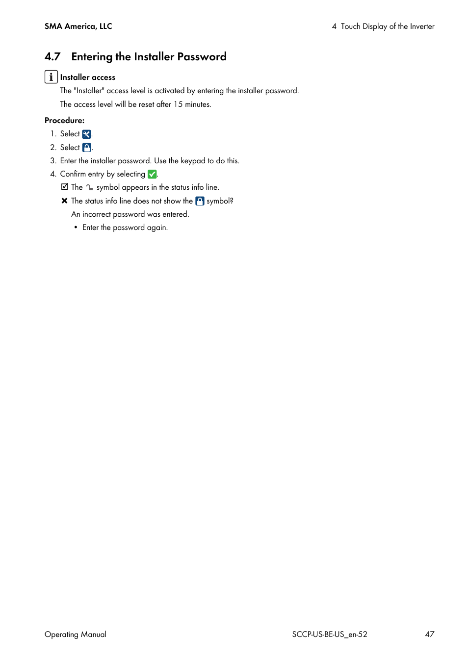 7 entering the installer password | SMA SC 500CP-US-10 600V User Manual | Page 47 / 112