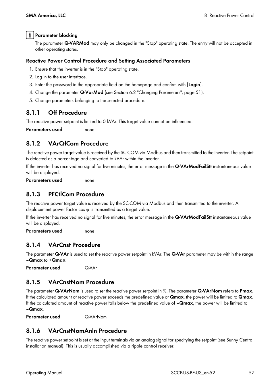 1 off procedure, 2 varctlcom procedure, 3 pfctlcom procedure | 4 varcnst procedure, 5 varcnstnom procedure, 6 varcnstnomanln procedure | SMA SC 500CP-US-10 600V User Manual | Page 57 / 112